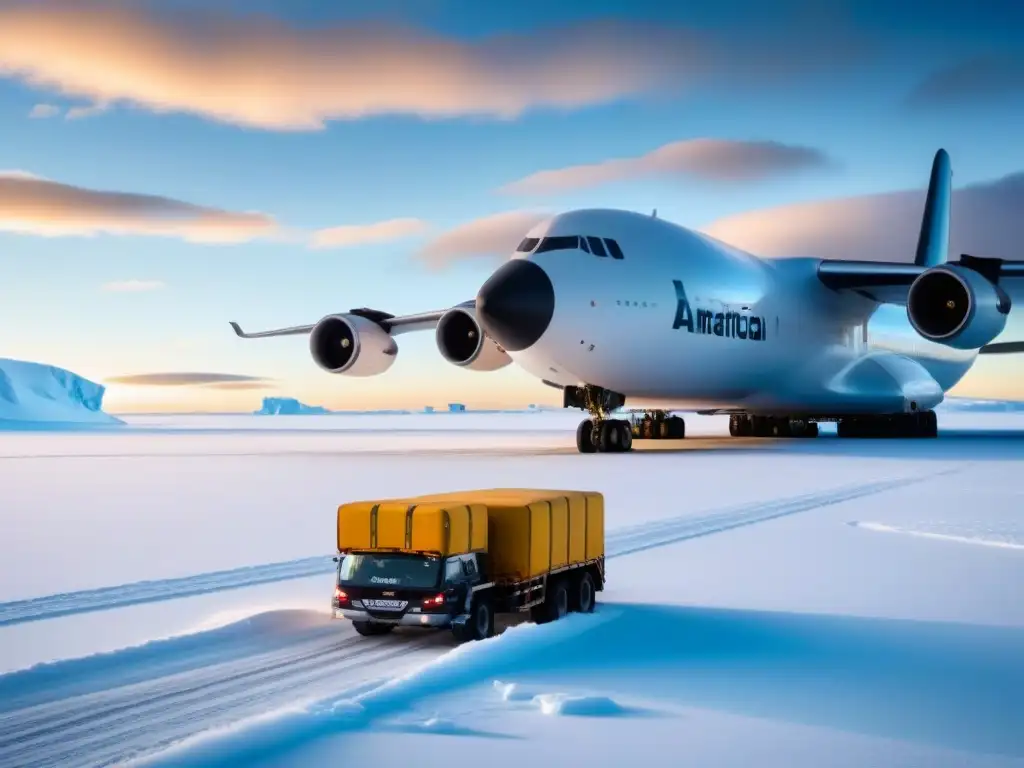 Un equipo internacional de investigadores descargando suministros de un avión en la Antártida, mostrando soluciones innovadoras logística antártica