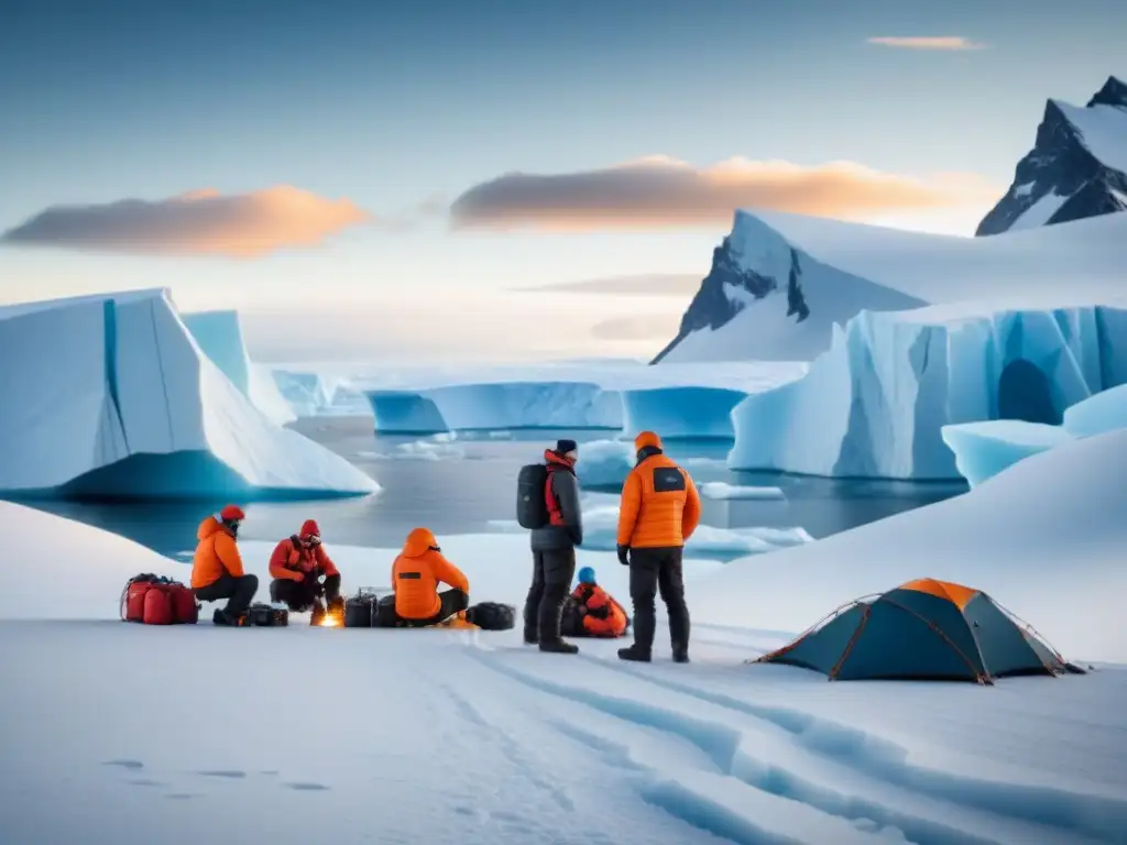 Equipo de investigadores y especialistas en logística en la Antártida, planificando soluciones innovadoras logística antártica