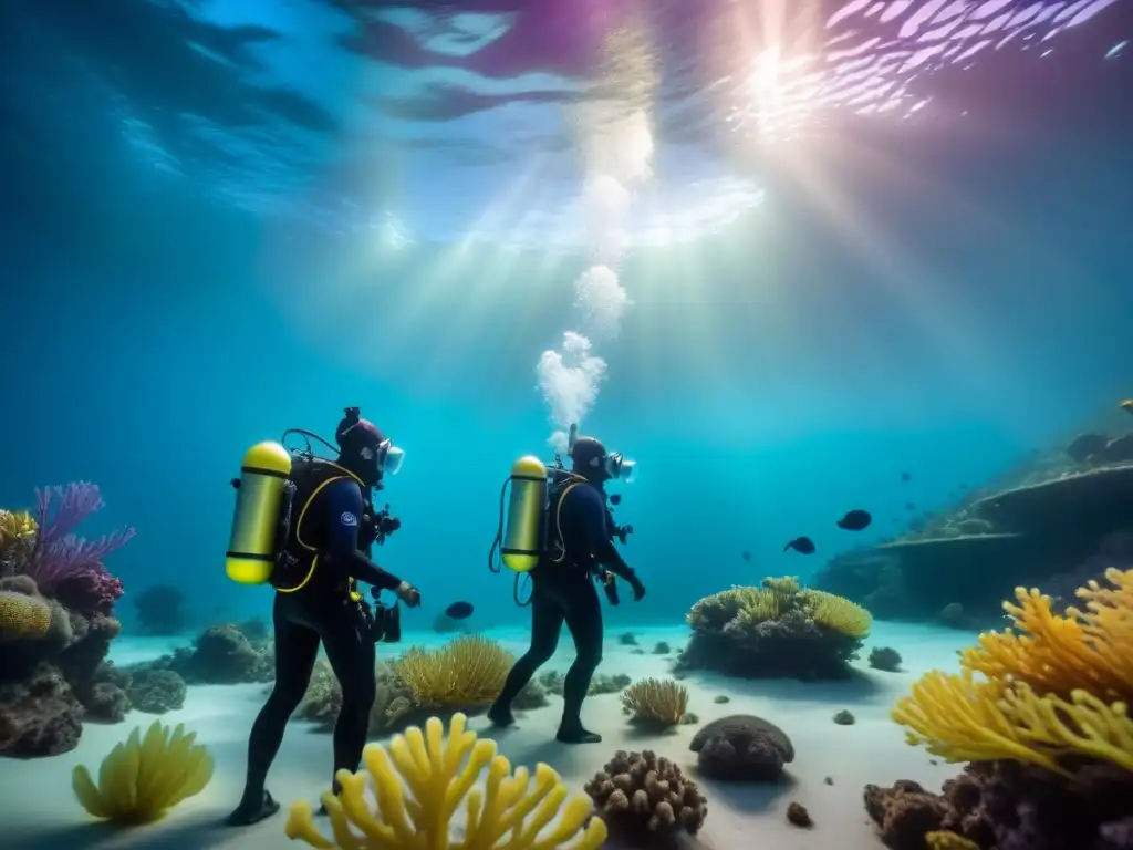 Expedición submarina: investigadores en equipo bajo el mar Equipo de investigadores submarinos en acción rodeados de vida marina, iluminados por criaturas bioluminiscentes