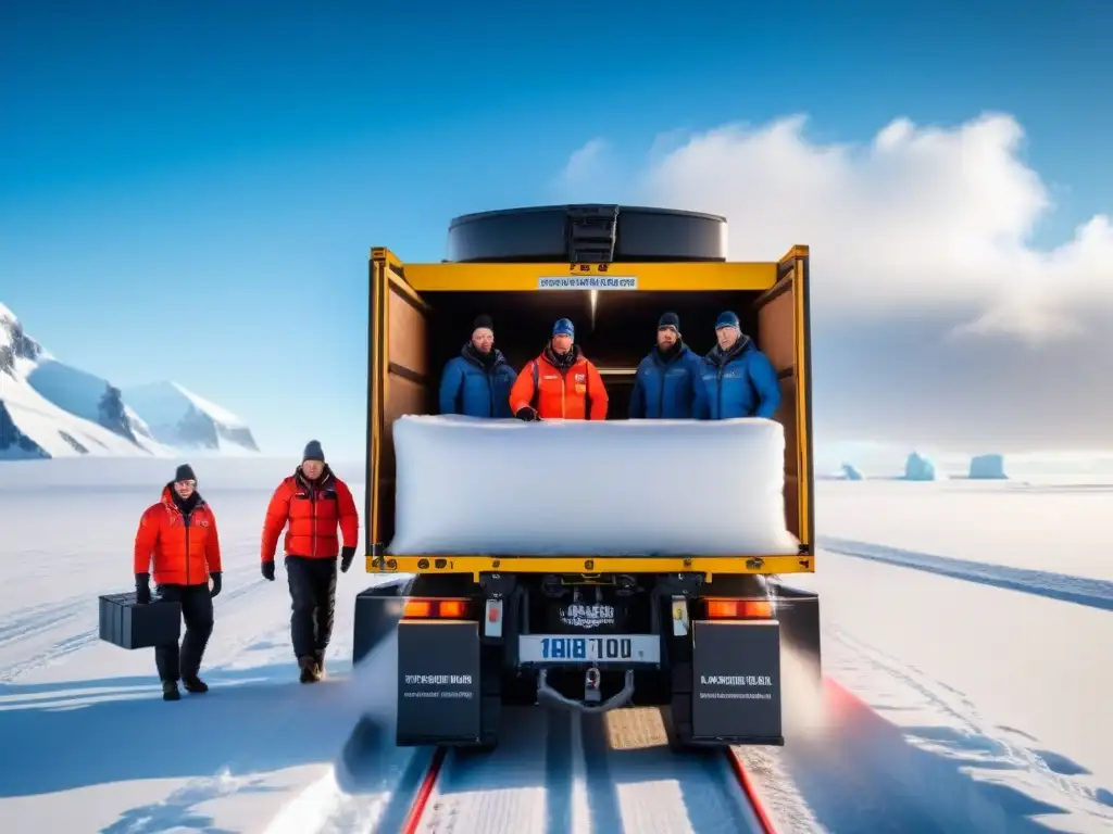 Equipo de investigadores descargando suministros en la Antártida Equipo de investigadores descargando suministros en la helada Antártida con soluciones innovadoras transporte última milla