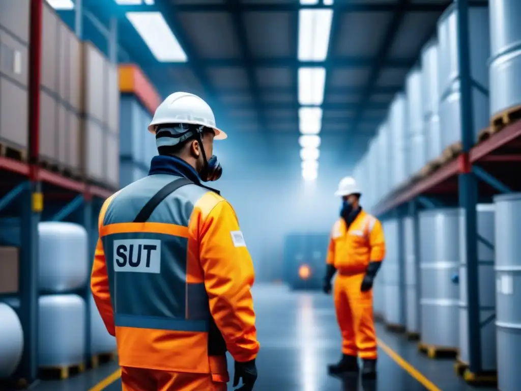 Profesionales auditores de seguridad en instalación química Equipo de profesionales en auditorías de seguridad inspeccionando instalación logística química