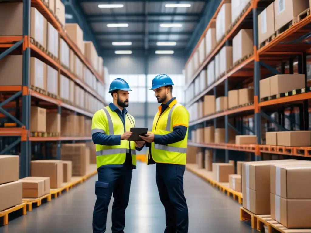 Equipo logístico de alta precisión en almacén Un equipo de profesionales de la logística inspeccionando y organizando paquetes en un almacén con tecnología avanzada
