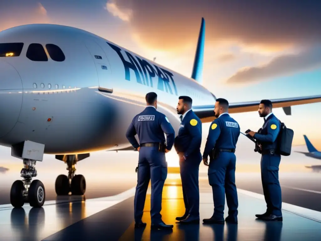 Inspección exhaustiva de seguridad en aeropuerto Equipo de seguridad del aeropuerto inspeccionando avión en detalle
