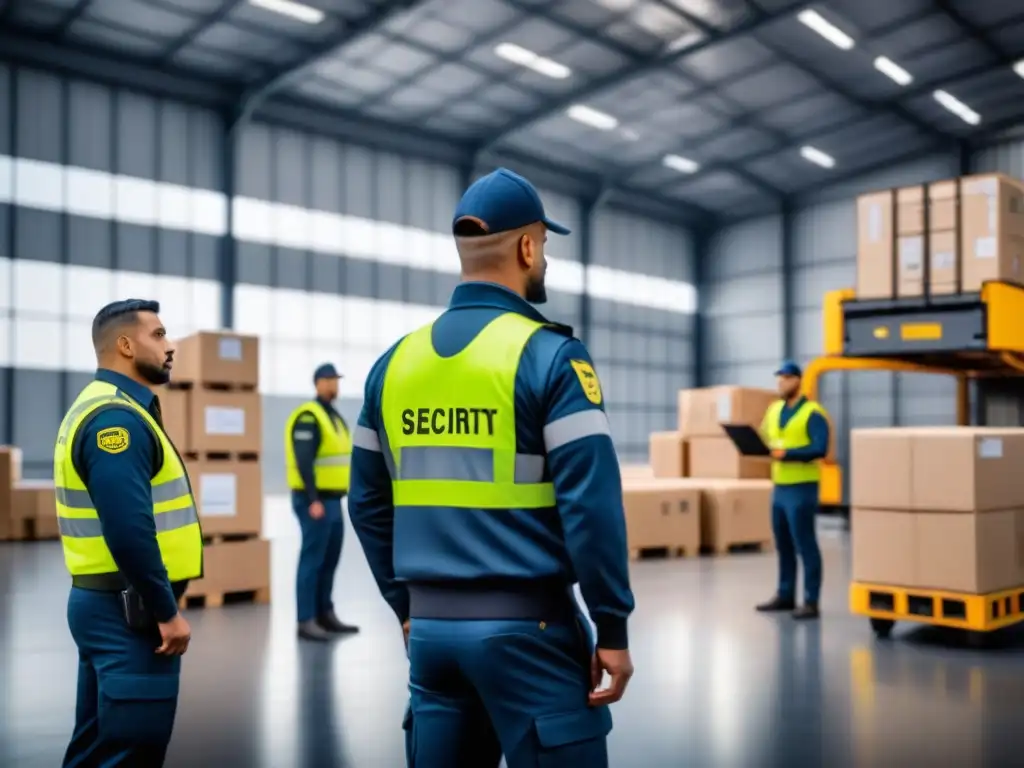 Equipo de seguridad inspeccionando carga en almacén aeroportuario moderno