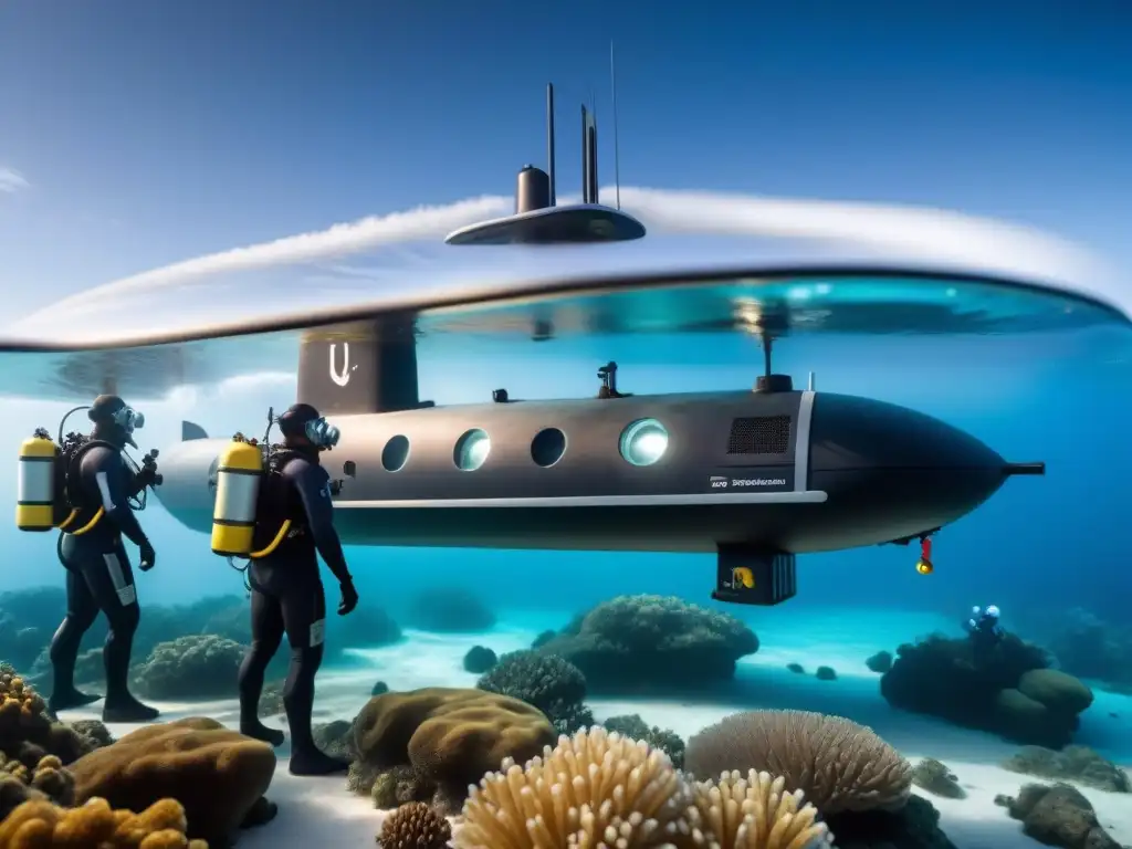 Equipo de investigadores preparando submarino para expedición submarina Equipo de investigación en expedición submarina cargando suministros en submarino futurista