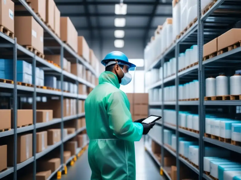 Inspección meticulosa de medicamentos en almacén Un equipo de técnicos inspecciona minuciosamente productos farmacéuticos antes del envío en un almacén