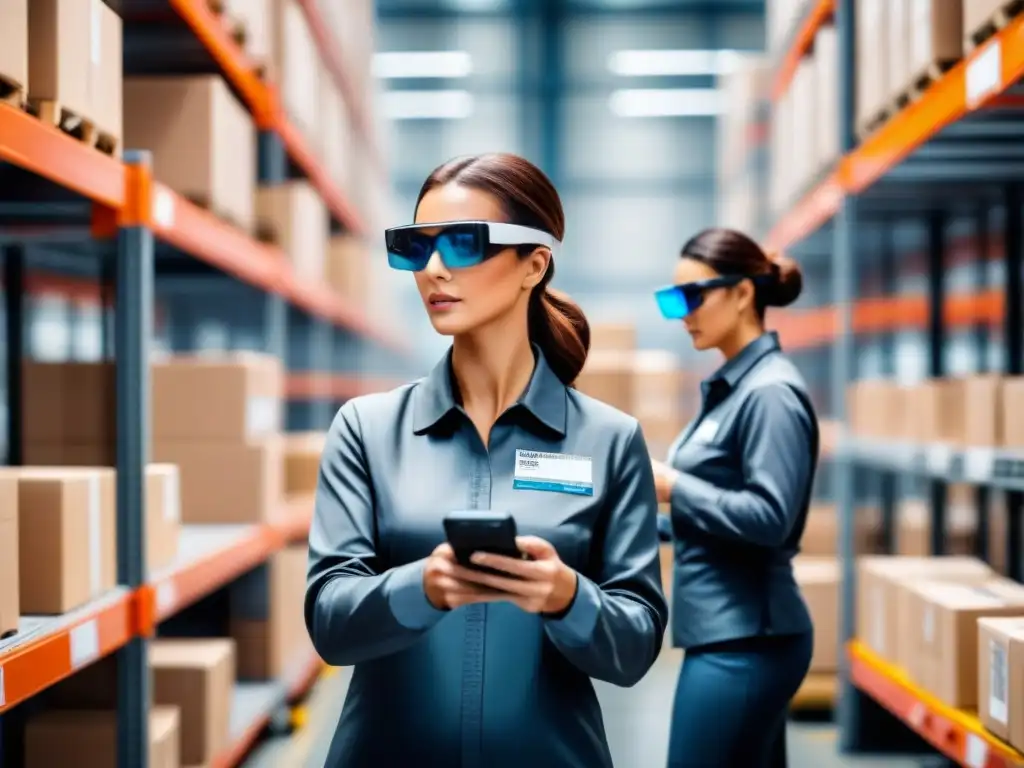 Equipo de almacén con tecnología wearable coordinando tareas de inventario Equipo de trabajadores de almacén con dispositivos vestibles para logística eficiente, coordinando tareas de inventario