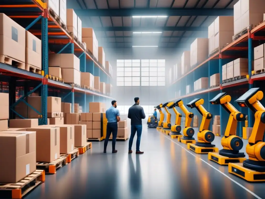 Escena de almacén con brazos robóticos y trabajadores supervisando la integración logística inversa inteligencia artificial