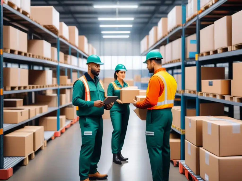 Complejidad de devoluciones en almacén: gestión eficiente Escena de almacén con devoluciones eCommerce, trabajadores clasificando productos y un gerente preocupado