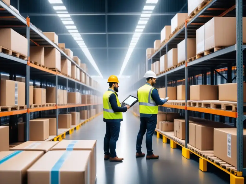 Operaciones logísticas sostenibles: eficiencia y tecnología en almacén Escena de almacén con trabajadores y tecnología avanzada para logística inversa y transporte sostenible