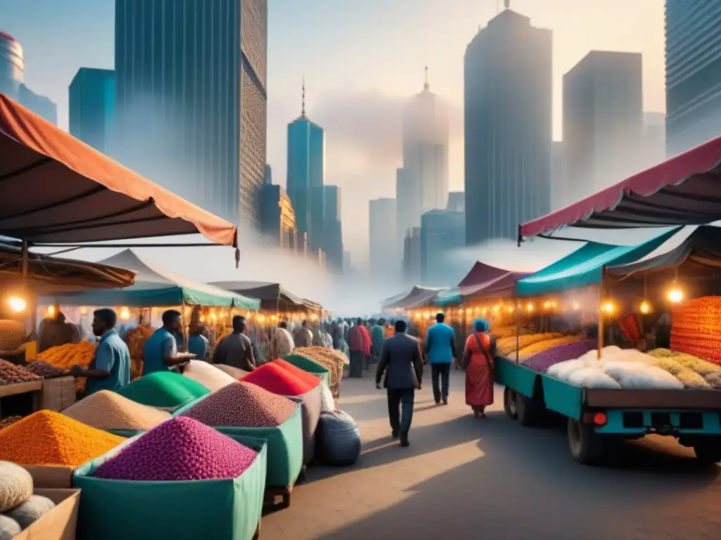 Mercado multicolor en país en desarrollo: logística vibrante y diversa Escena animada de un mercado en un país en desarrollo con diversidad étnica y de género