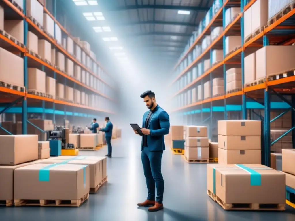 Colaboración AI-Humano en almacén logístico Una escena bulliciosa en un almacén con brazos robóticos clasificando paquetes, en armonía con la supervisión humana y tablets