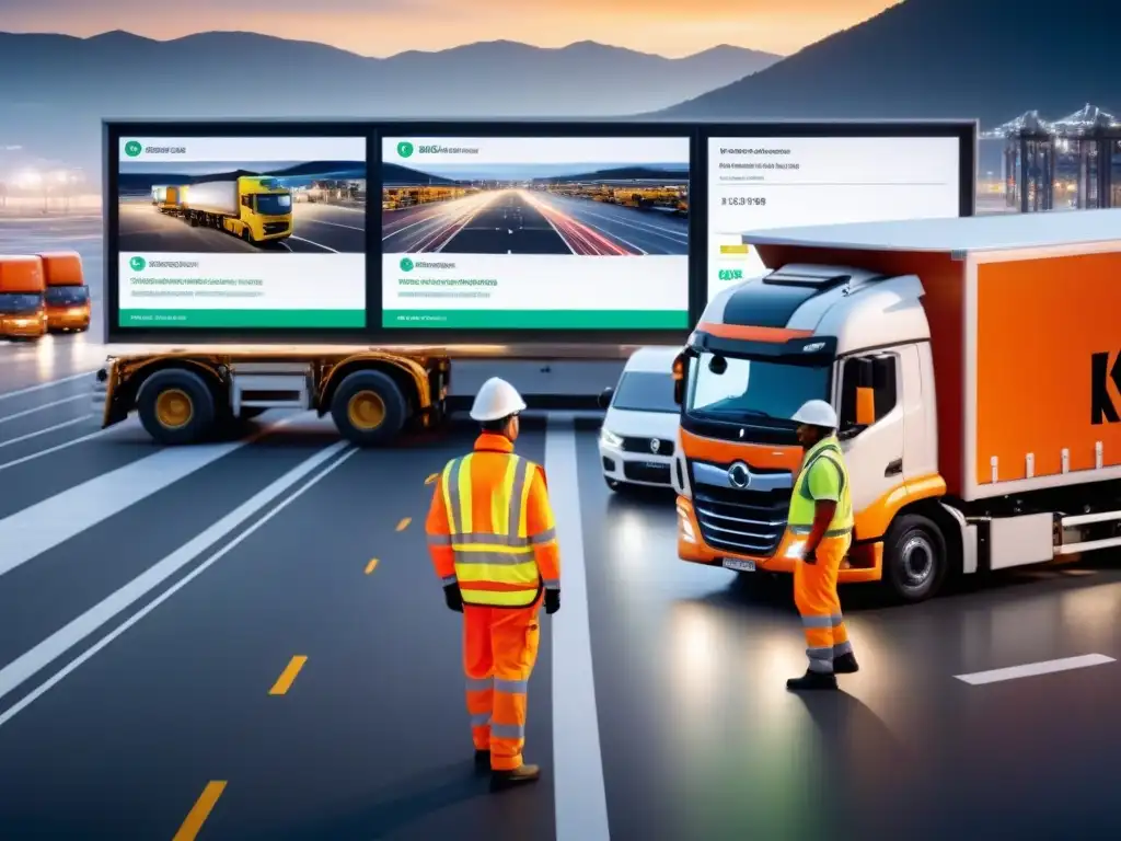 Centro logístico eficiente: tecnología y precisión en acción Una escena en un centro de transporte bullicioso con trabajadores coordinando operaciones logísticas eficientes