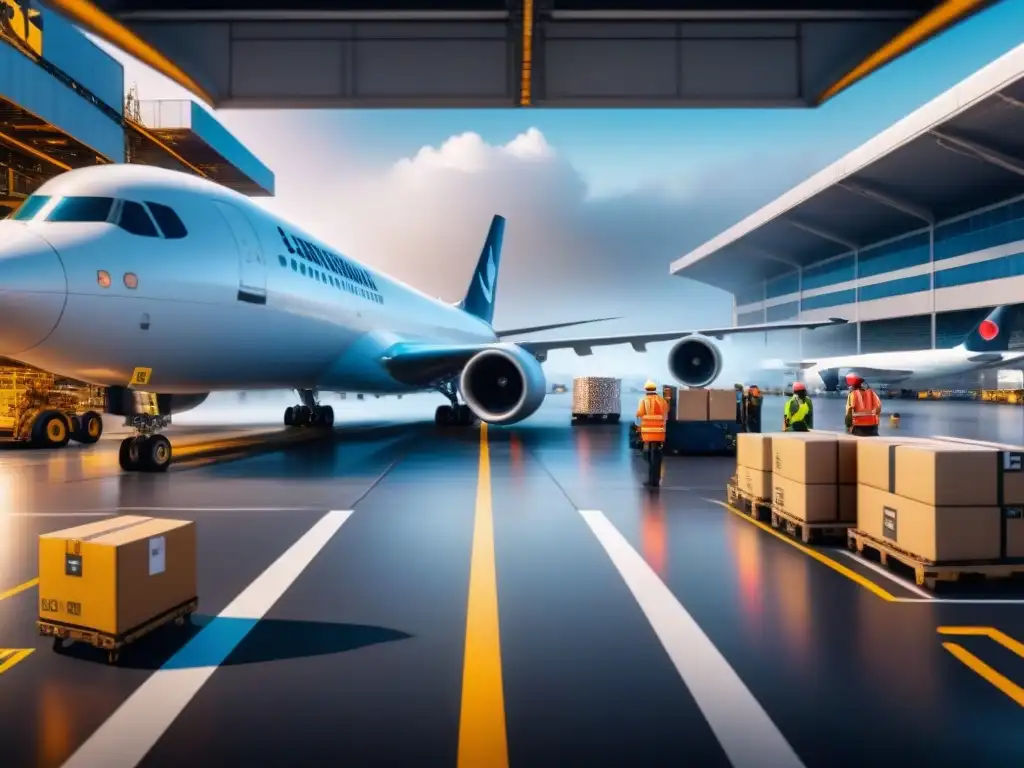 Logística global en aeropuerto: trabajadores, aviones y alta seguridad Escena detallada de un aeropuerto internacional con operaciones logísticas y medidas de ciberseguridad visibles