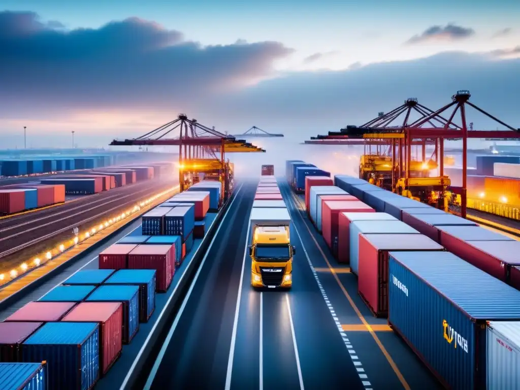 Centro logístico europeo postBrexit: innovación y caos organizado Escena detallada de un animado centro logístico europeo postBrexit, reflejando el impacto en la innovadora logística europea