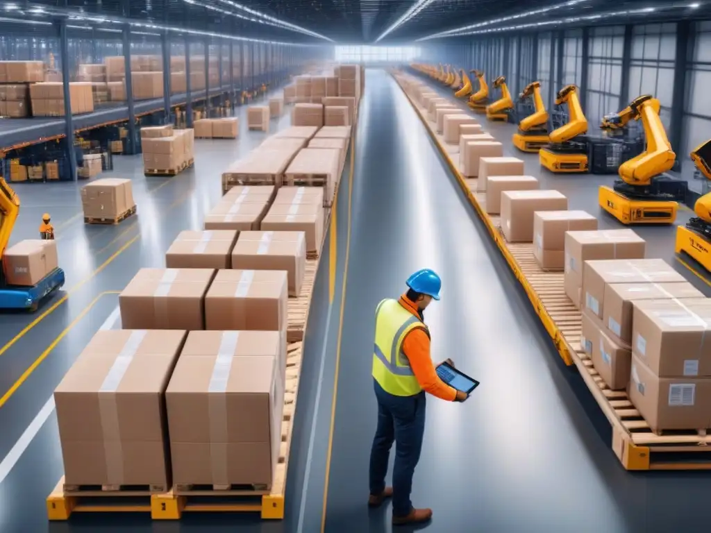 Una escena detallada de un centro logístico activo, integrando tecnología y trabajo humano