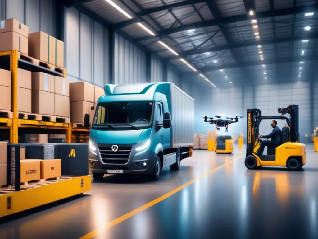 Una escena dinámica en un centro logístico con asociaciones, donde humanos y tecnología colaboran para impulsar la innovación