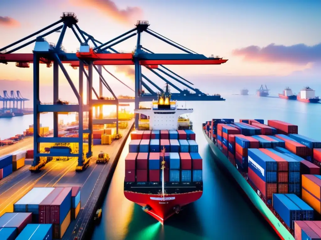 Operaciones portuarias globales al amanecer: eficiencia y colaboración Escena de eficiencia en logística internacional innovadora en un bullicioso puerto al amanecer con trabajadores y tecnología de punta