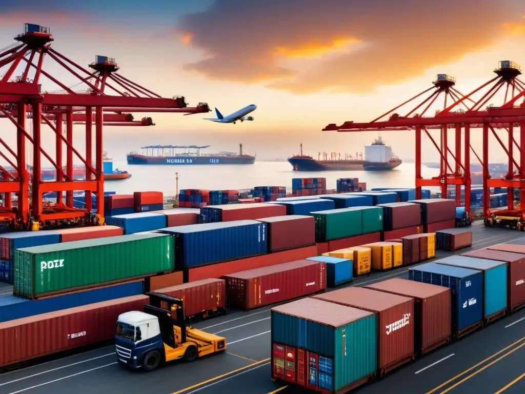 Centro Logístico Internacional: Movimiento y Conexiones Globales Una escena frenética de un hub logístico internacional, destacando la importancia de las Soluciones de outsourcing logístico internacional
