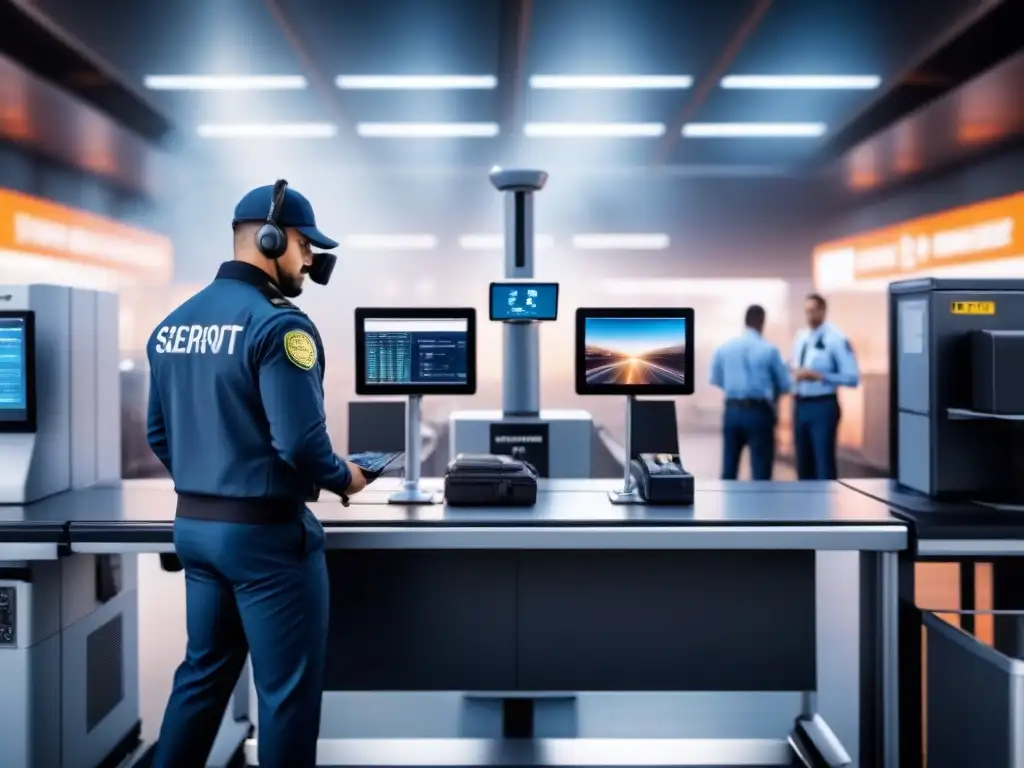 Checkpoint de seguridad aeroportuaria con IA y tecnología avanzada de escaneo de cargas Escena futurista en aeropuerto con escáneres AI y personal inspeccionando cargamentos con tecnología avanzada