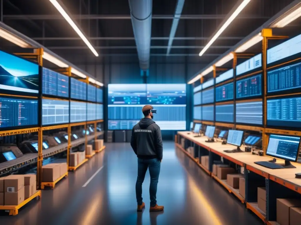 Almacén logístico futurista: Integración tecnológica y eficiencia Una escena futurista en un almacén logístico con vehículos automatizados, trabajadores con gafas AR y una sala de control con pantallas de datos