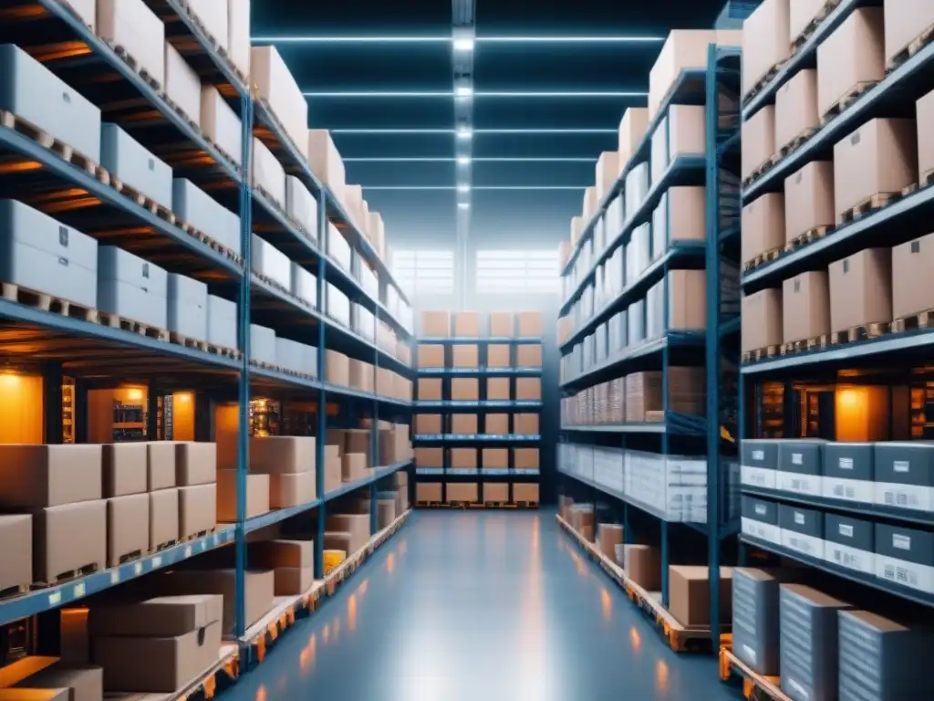 Almacén del futuro: robots inteligentes organizando productos Escena futurista de gestión de devoluciones con inteligencia artificial en almacén hightech