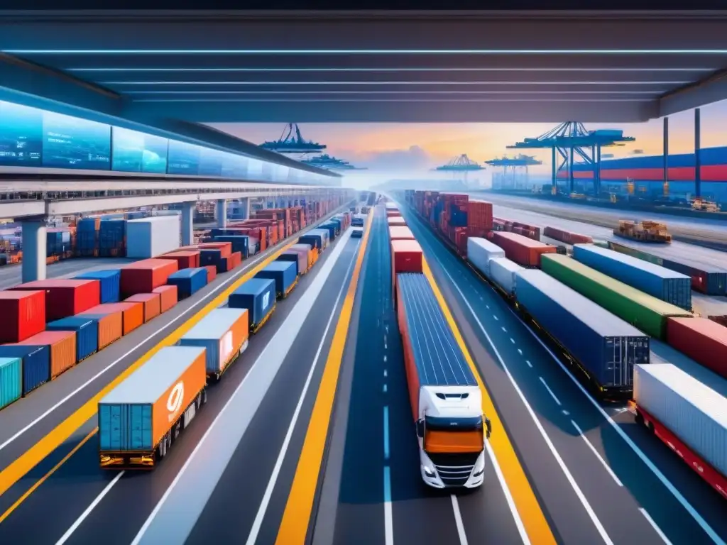 Una escena de innovación en transporte multimodal, con vehículos coordinados por inteligencia artificial