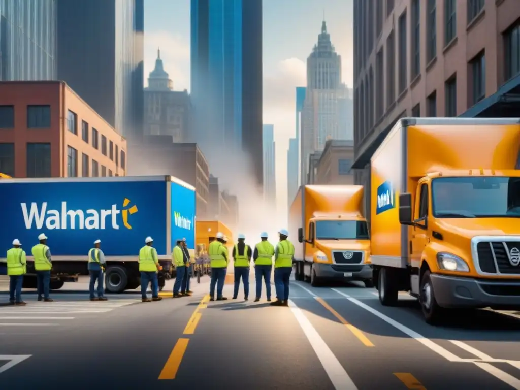 Logística urbana: flota de camiones de reparto de Walmart en acción Escena urbana con gestión de flotas en tiempo real: camiones de entrega de Walmart cargándose frente a un almacén moderno, con personal trabajando