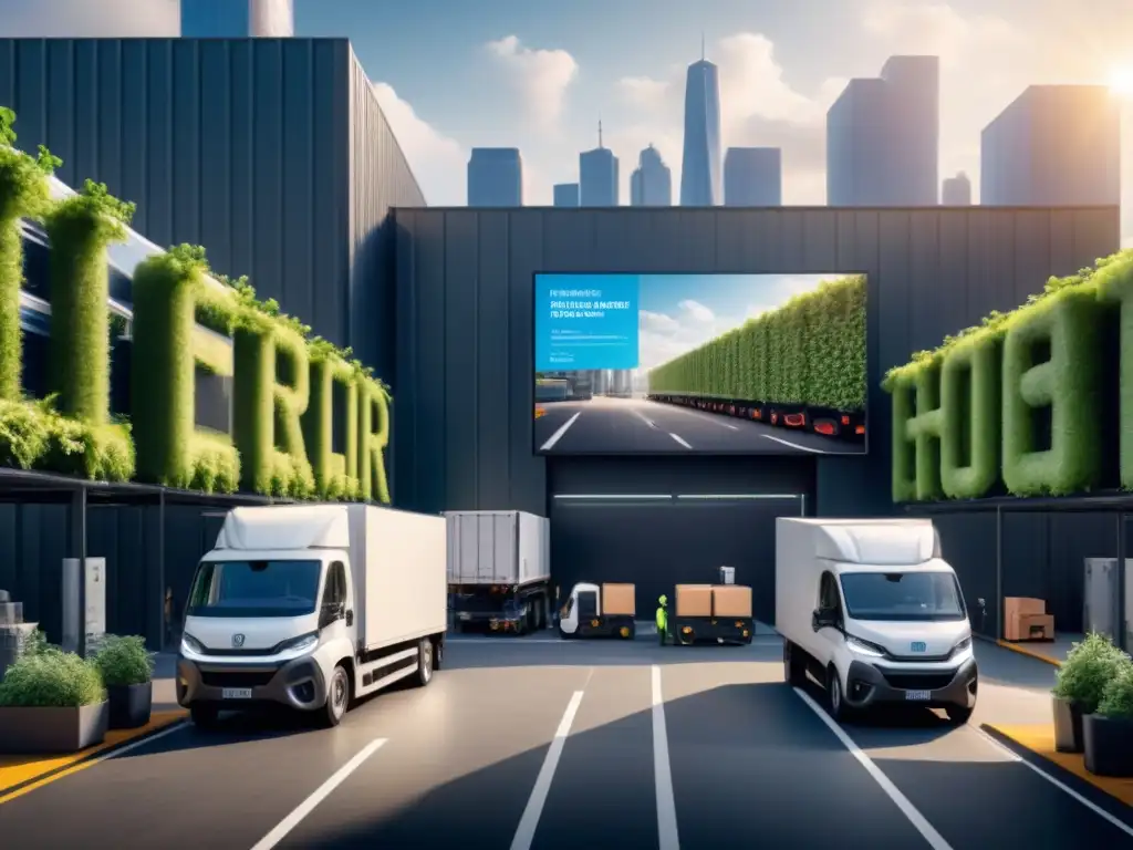 Logística sostenible: entrega con camiones eléctricos en ciudad verde Una escena urbana llena de camiones eléctricos y de reparto descargando mercancías frente a un almacén sostenible