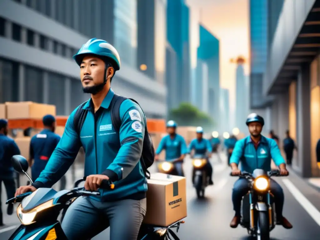 Eficiencia en entregas urbanas: trabajadores en bicicleta y moto Una escena urbana llena de trabajadores de entrega en bicicletas y motocicletas, transmitiendo eficiencia en la entrega de paquetes