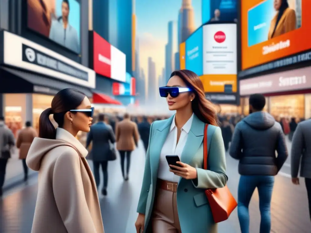 Escena urbana: Compras personalizadas con IA y AR Escena urbana con IA en personalización de compras en anuncios digitales y escaparates, compradores diversos interactúan con tecnología