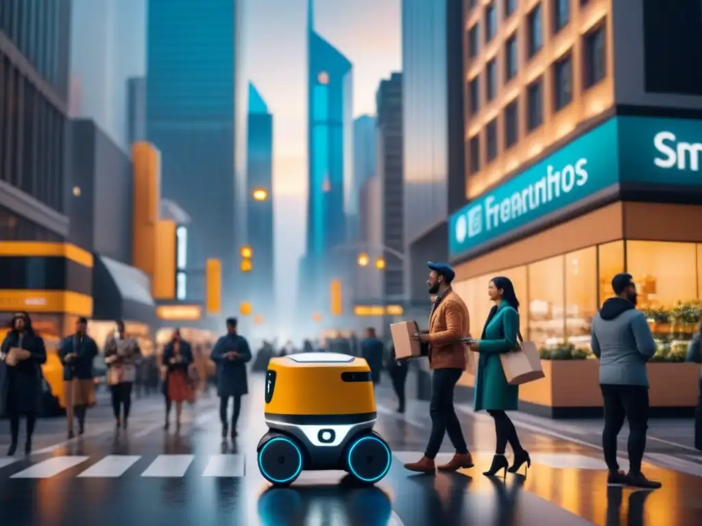 Integración de IA en la ciudad: robots de entrega y vehículos autónomos Escena urbana con robots de entrega interactuando con personas, reflejando la Integración de Inteligencia Artificial en logística