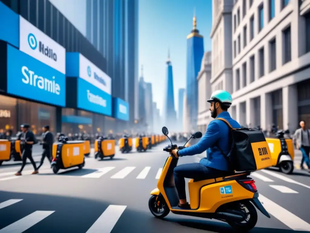 Efficient lastmile delivery: ciudad llena de innovación Escena urbana con soluciones innovadoras transporte logística: scooters, bicicletas, vans y peatones en una bulliciosa calle de la ciudad
