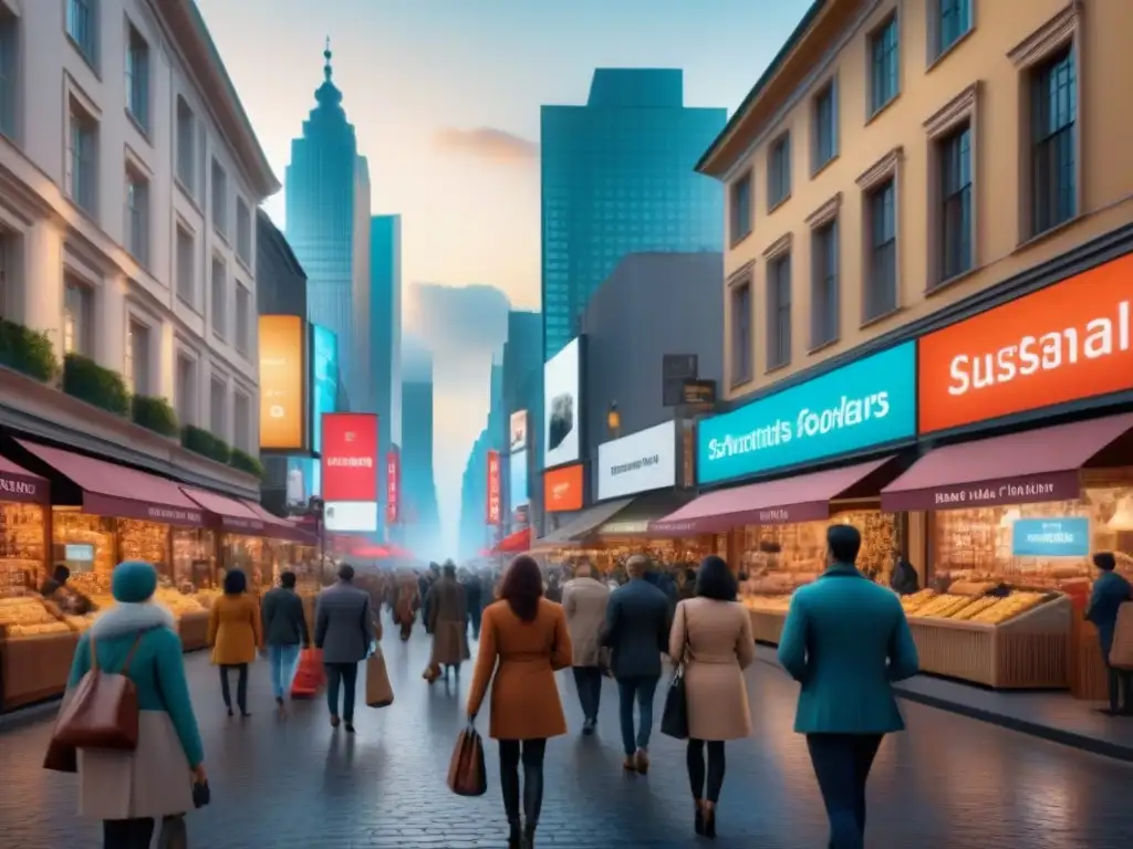 Escaparate digital: personalización masiva en tiendas con IA Escena urbana con tiendas y pantallas digitales mostrando recomendaciones personalizadas, destacando la IA en personalización de compras