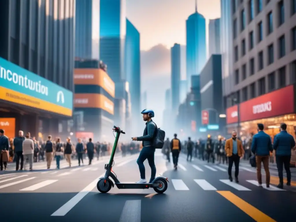 Escena urbana: transporte innovador y tecnológico en movimiento Escena urbana con transporte innovador: scooters eléctricos, robots de entrega autónomos y drones