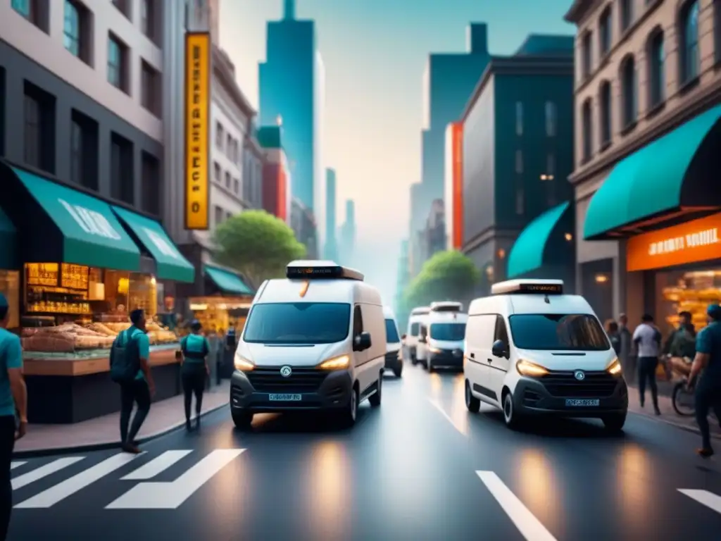 Escena urbana: entrega última milla en ciudad dinámica Escena urbana: vehículos de entrega variados en medio del tráfico, reflejando estrategias flexibles última milla transporte