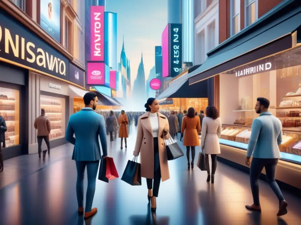 Escena de compras futurista con IA personalizada en la calle Una escena urbana vibrante con IA en personalización de compras, fusionando lo tradicional con lo avanzado