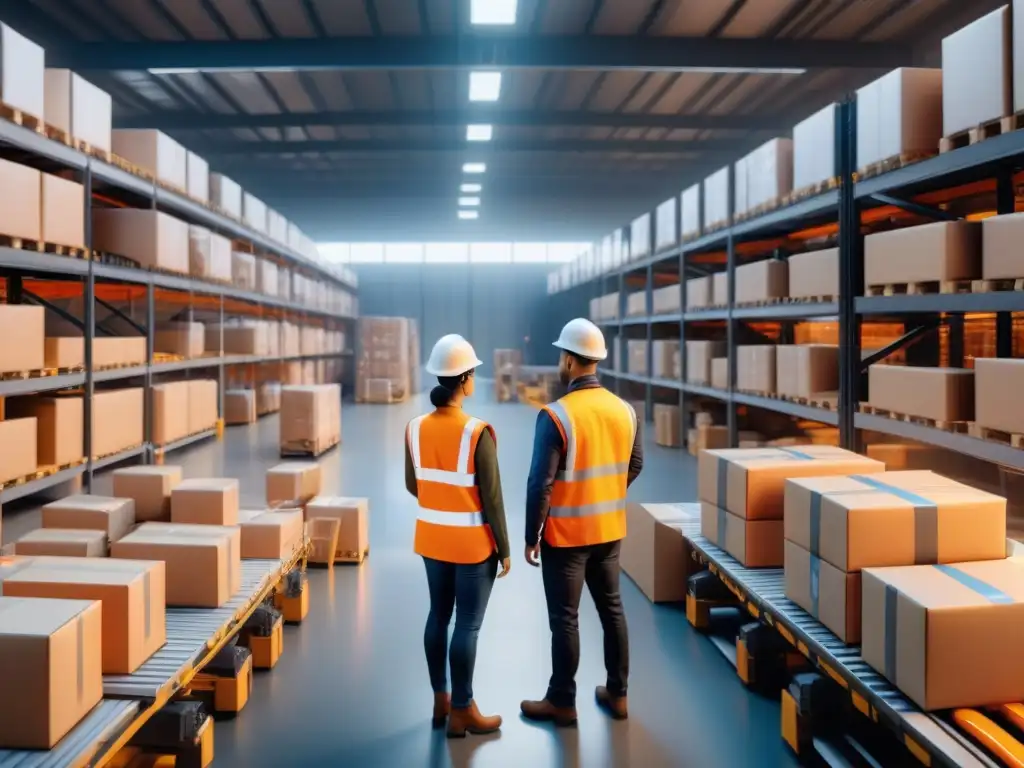Eficiente almacén logístico con tecnología de vanguardia Una escena vibrante en un almacén logístico con tecnología de inteligencia artificial, trabajadores y paquetes