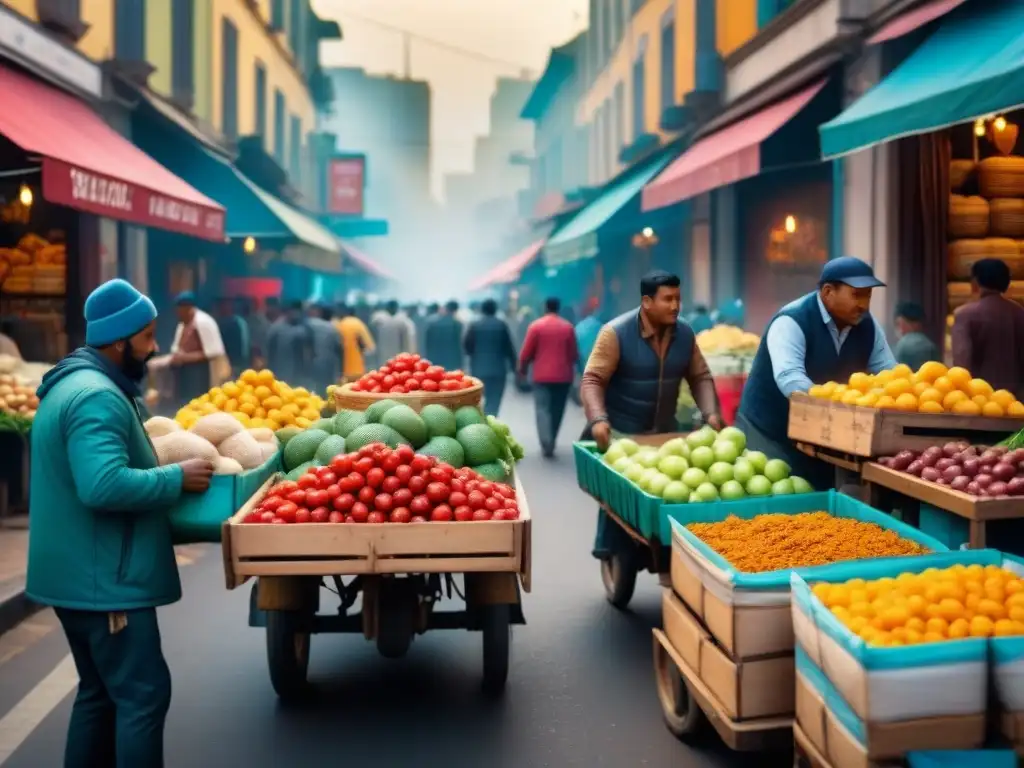 Mercado callejero en un país emergente: caos organizado Escena vibrante en un bullicioso mercado callejero emergente, con soluciones innovadoras en logística emergente