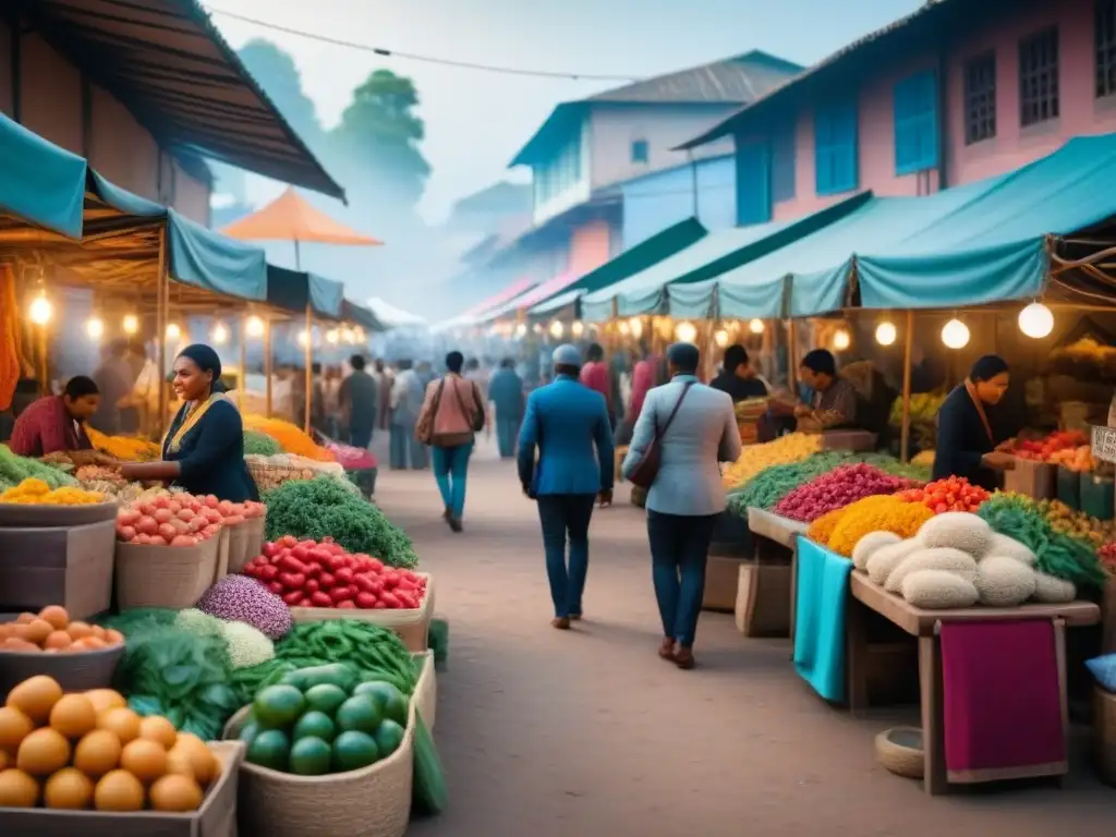 Mercado vibrante en mercado emergente, comercio diverso y energía emprendedora Escena vibrante de emprendimiento en mercados emergentes, con diversidad de negocios y clientes