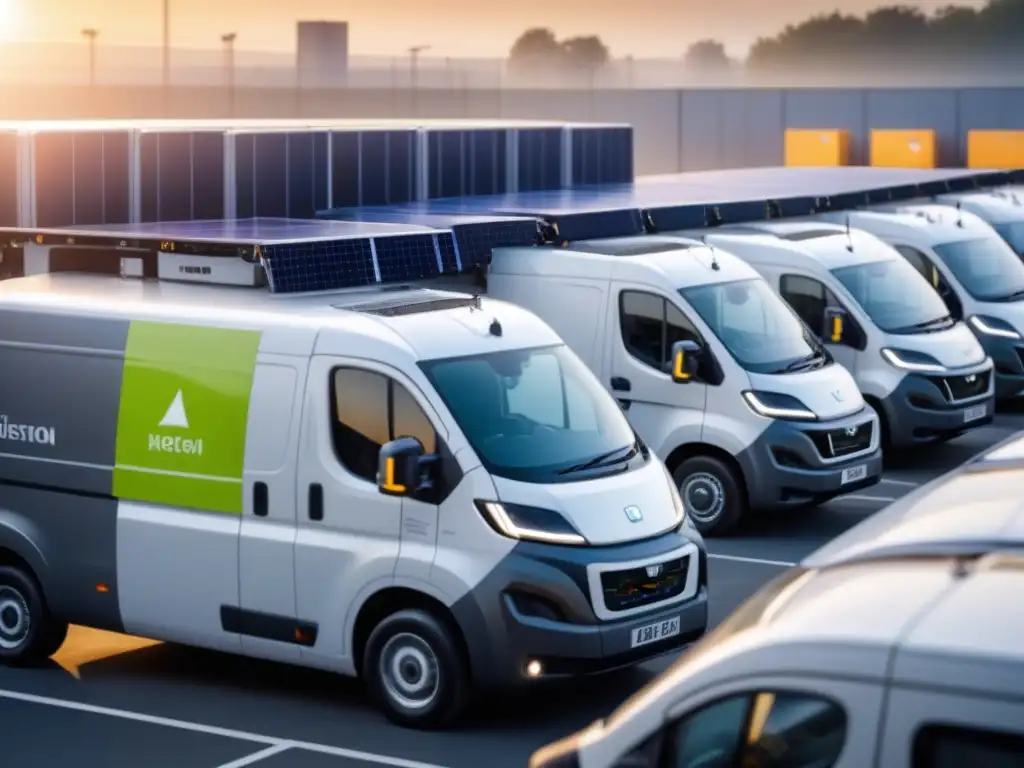 Yarda logística electrificada: flota de furgonetas eléctricas en carga Una escena vibrante de una empresa logística preparando vehículos eléctricos para el futuro