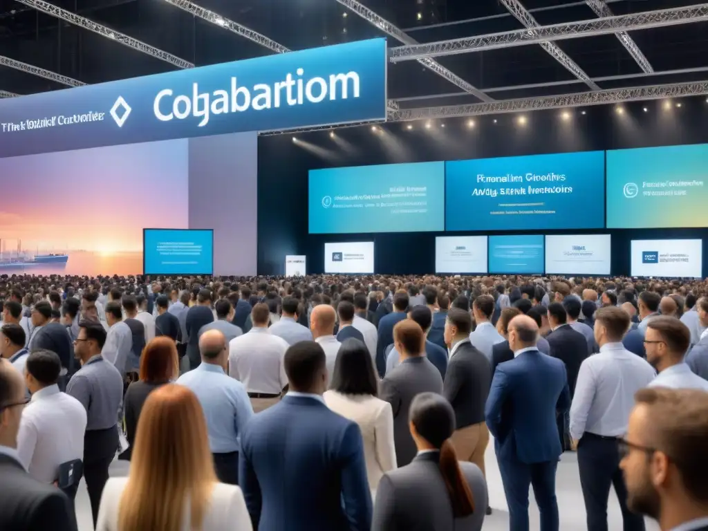 Una escena vibrante de un evento de logística educativa, con profesionales y estudiantes colaborando en un centro de convenciones