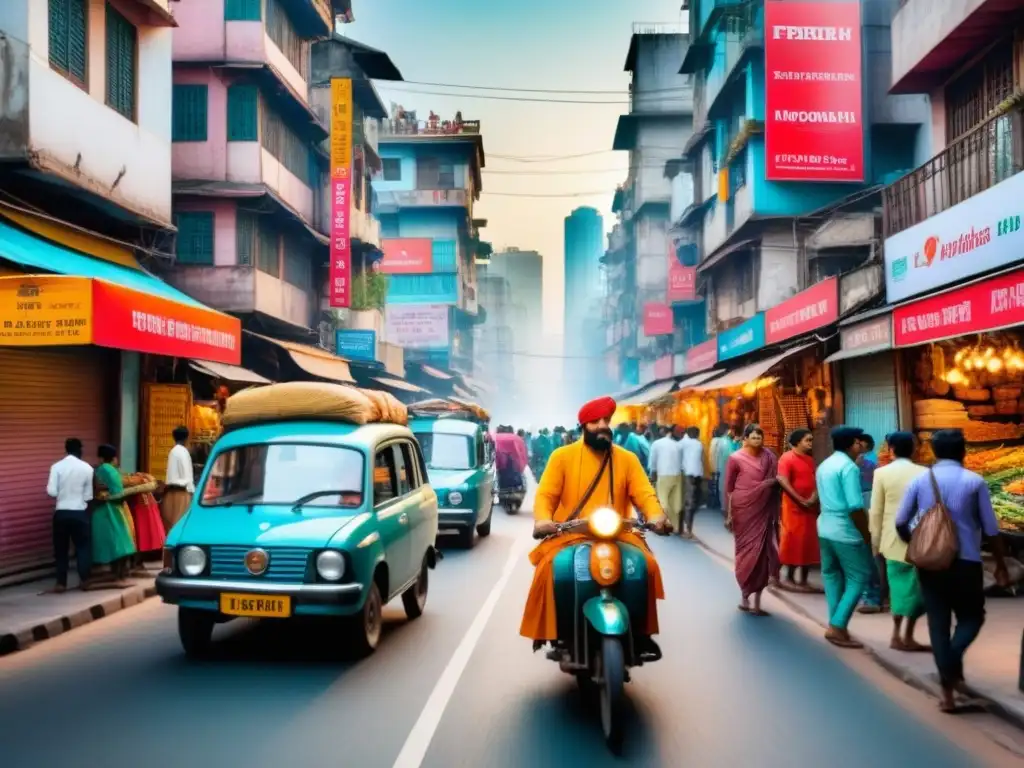 Caótico tráfico urbano en la India: bicicletas, rickshaws y más Escena vibrante de logística urbana en India con soluciones innovadoras transporte
