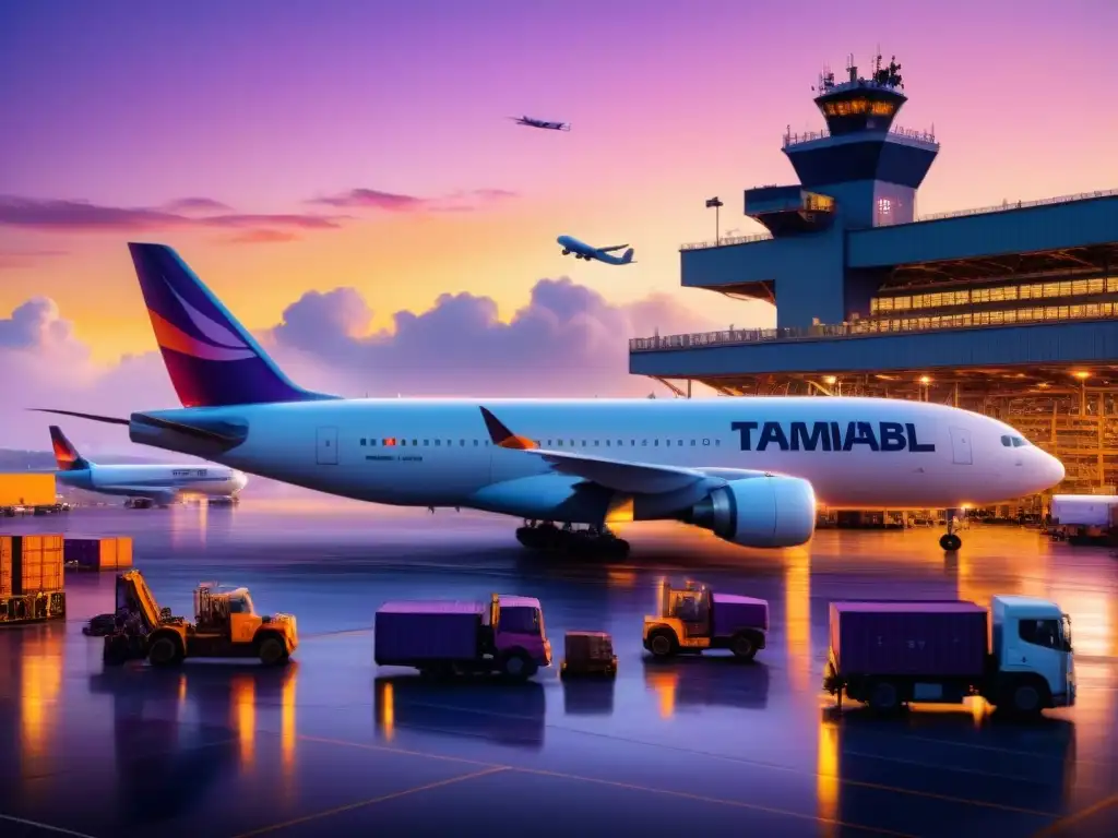 Una escena vibrante en un terminal de carga aérea al anochecer