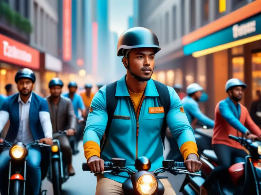 Entrega urbana: Diversidad en movimiento con IA Un escenario urbano bullicioso con repartidores en bicicleta, moto y furgoneta, destacando las Soluciones de IA para logística