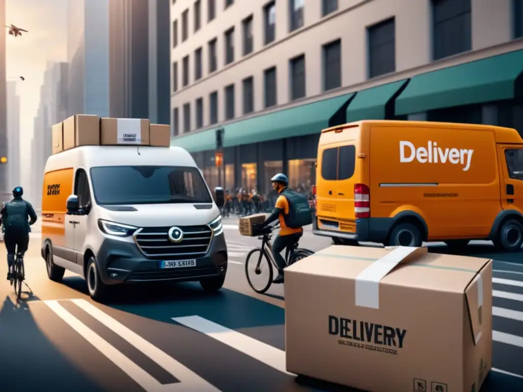 Escena urbana moderna: Última milla de entrega digital Un escenario urbano moderno con soluciones tecnológicas para última milla: drones, camiones y bicicletas en una bulliciosa calle de la ciudad