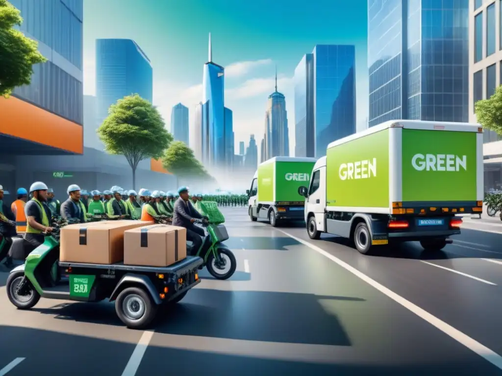 Operación logística sostenible en la ciudad del futuro Un escenario urbano vibrante con soluciones sostenibles en logística: camiones y bicicletas eléctricas transportando paquetes en una ciudad futurista
