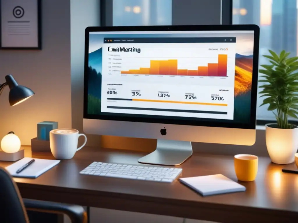 Analítica de campaña de email con aumento de CTR y afiliados Un escritorio ocupado con una pantalla de análisis de campañas de email marketing, indicando un aumento en clickthrough rates y registros de afiliados
