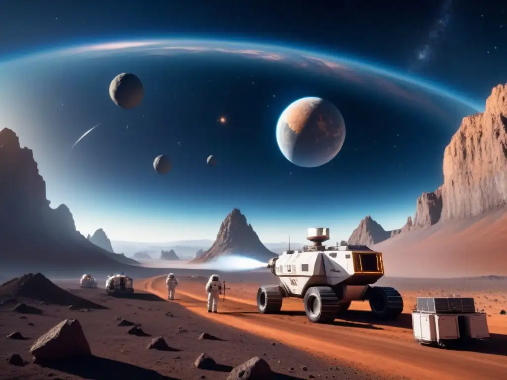 Estación espacial futurista: minería en asteroide Una estación espacial futurista extrae recursos de un asteroide en el espacio