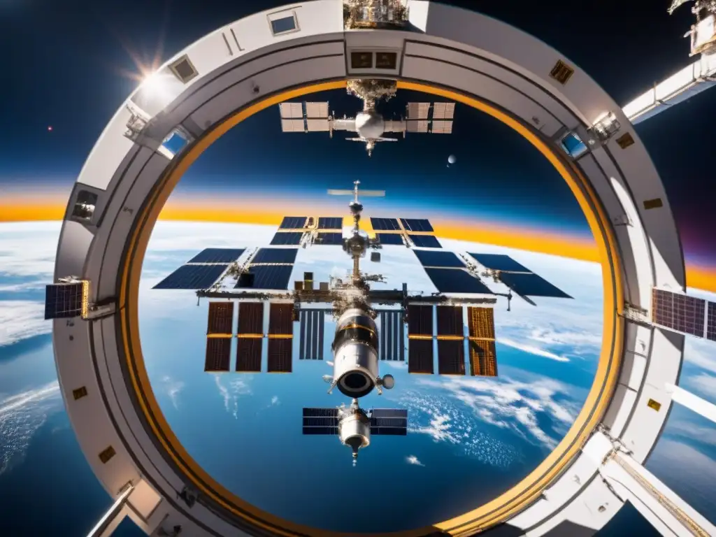 Estación espacial: Reciclaje orbital detallado Una estación espacial en órbita terrestre muestra soluciones logísticas sostenibles en el espacio con reciclaje y astronautas en EVA